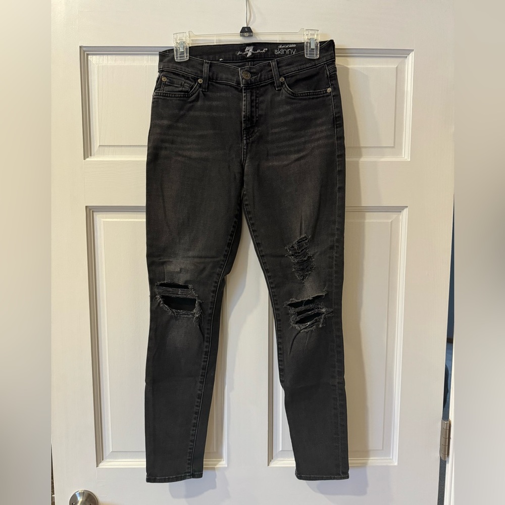 7 For All Mankind Women's Ankle Skinny Jeans Size 26 in Black Destroy